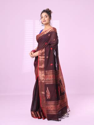 Brown cotton handspun soft saree with zari border 2