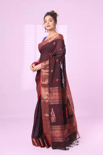 Brown cotton handspun soft saree with zari border