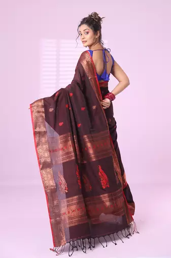 Brown cotton handspun soft saree with zari border