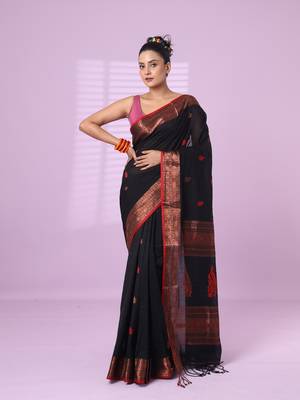 Black cotton handspun soft saree with zari border 1