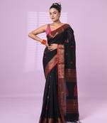 Black cotton handspun soft saree with zari border