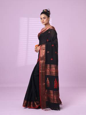 Black cotton handspun soft saree with zari border 2