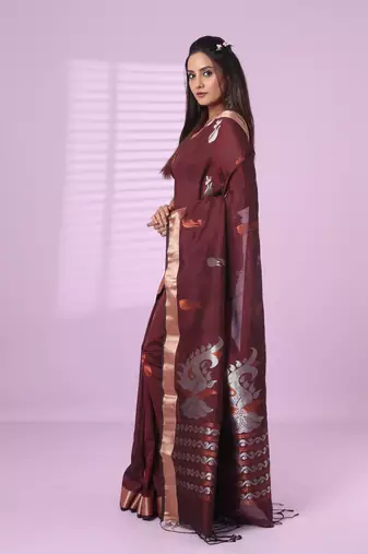 Brown silk matka soft saree with nakshi motifs