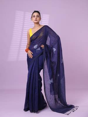 Blue flower motifs linen saree with sequence work 1
