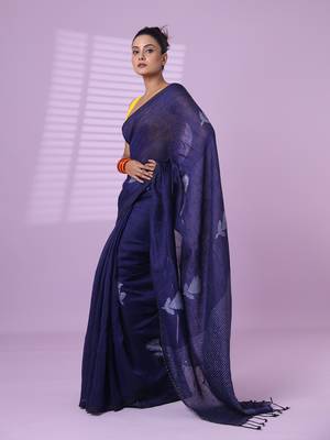Blue flower motifs linen saree with sequence work 2