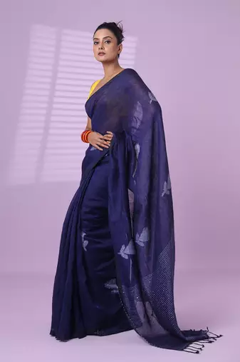 Blue flower motifs linen saree with sequence work