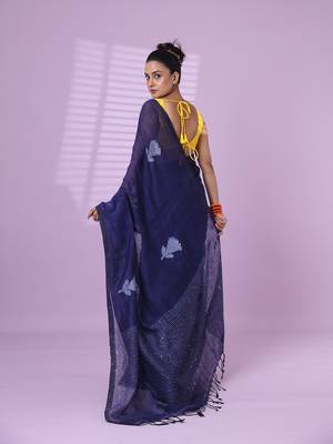 Blue flower motifs linen saree with sequence work 3