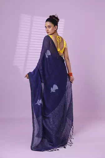 Blue flower motifs linen saree with sequence work