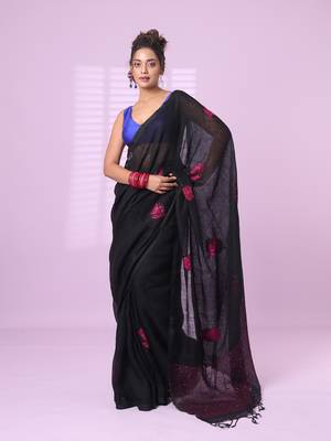 Black flower motifs linen saree with sequence work 1