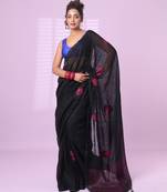 Black flower motifs linen saree with sequence work