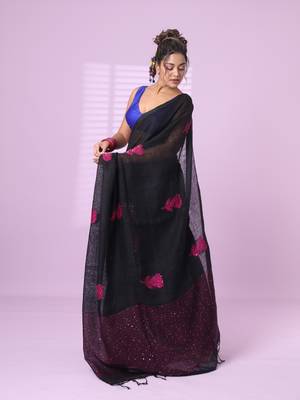 Black flower motifs linen saree with sequence work 2