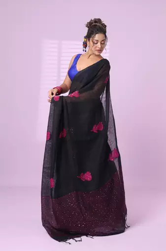 Black flower motifs linen saree with sequence work