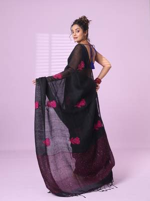 Black flower motifs linen saree with sequence work 3
