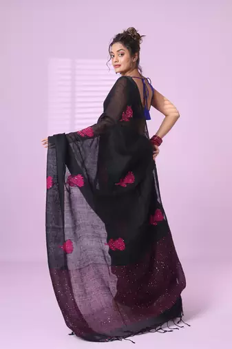 Black flower motifs linen saree with sequence work