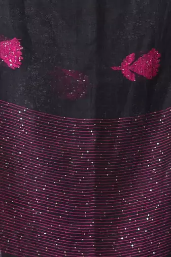 Black flower motifs linen saree with sequence work