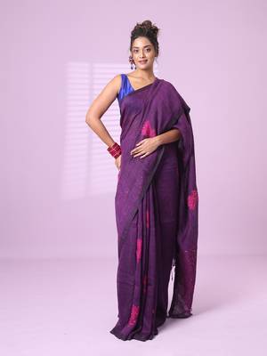Purple flower motifs linen saree with sequence work 1