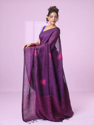 Purple flower motifs linen saree with sequence work 2