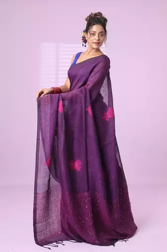 Purple flower motifs linen saree with sequence work