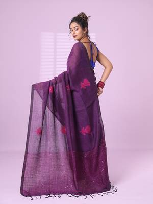 Purple flower motifs linen saree with sequence work 3
