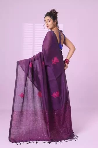 Purple flower motifs linen saree with sequence work