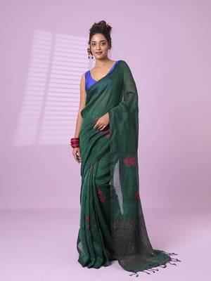 Green flower motifs linen saree with sequence work 1
