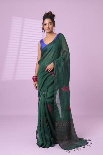 Green flower motifs linen saree with sequence work