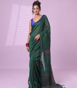 Green flower motifs linen saree with sequence work