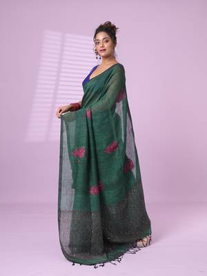 Green flower motifs linen saree with sequence work 2