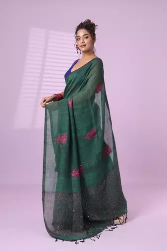 Green flower motifs linen saree with sequence work