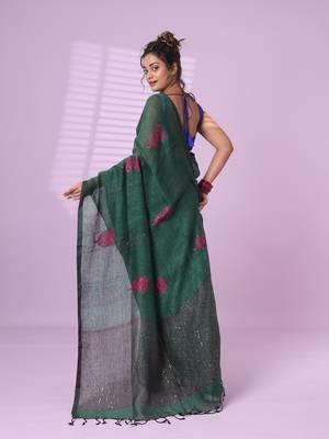 Green flower motifs linen saree with sequence work 3