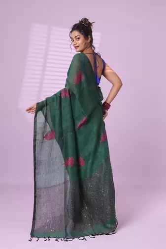 Green flower motifs linen saree with sequence work