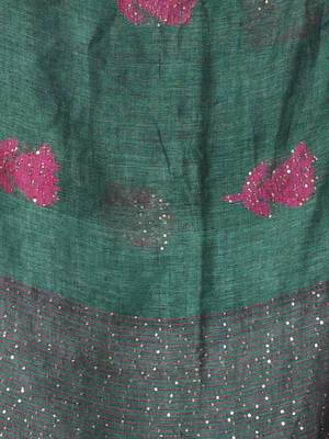 Green flower motifs linen saree with sequence work 4