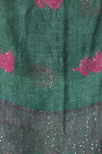 Green flower motifs linen saree with sequence work