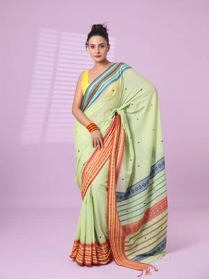 Pistachio green cotton handspun soft saree with texture border 1