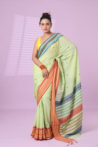 Pistachio green cotton handspun soft saree with texture border