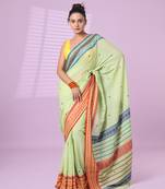 Pistachio green cotton handspun soft saree with texture border