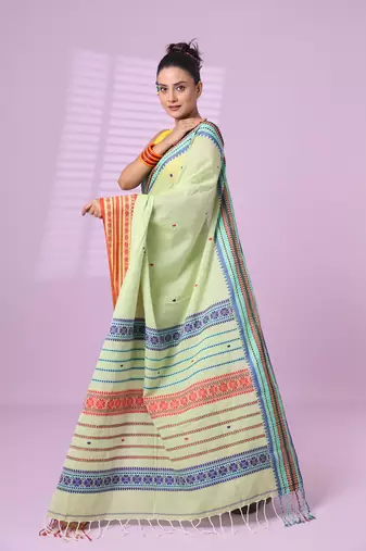 Pistachio green cotton handspun soft saree with texture border