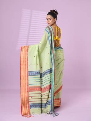 Pistachio green cotton handspun soft saree with texture border 3