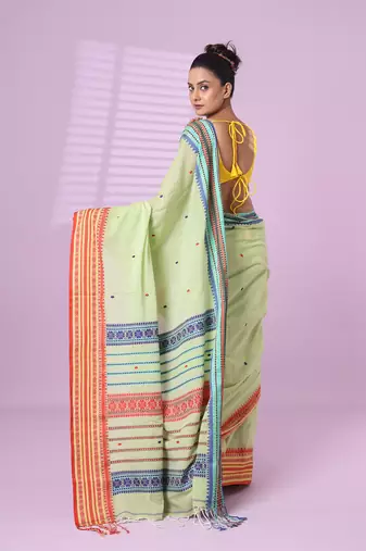 Pistachio green cotton handspun soft saree with texture border