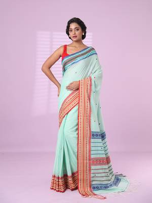 Sea green cotton handspun soft saree with texture border 1