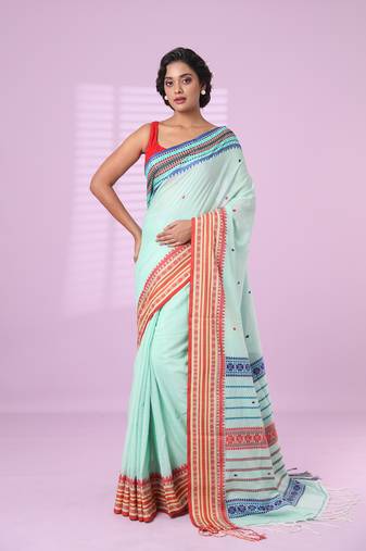 Sea green cotton handspun soft saree with texture border