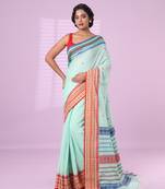 Sea green cotton handspun soft saree with texture border