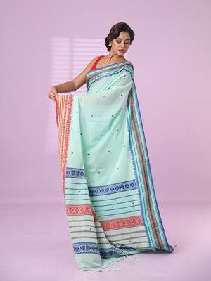 Sea green cotton handspun soft saree with texture border 2