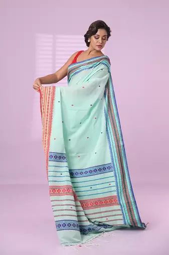 Sea green cotton handspun soft saree with texture border