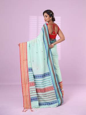 Sea green cotton handspun soft saree with texture border 3