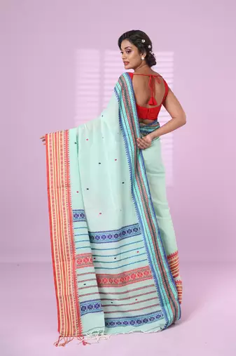 Sea green cotton handspun soft saree with texture border