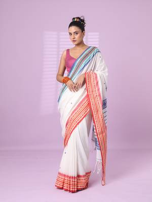 White cotton handspun soft saree with texture border 1