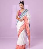 White cotton handspun soft saree with texture border