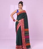 Bottle green cotton handspun soft saree with texture border