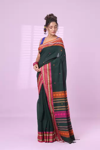 Bottle green cotton handspun soft saree with texture border